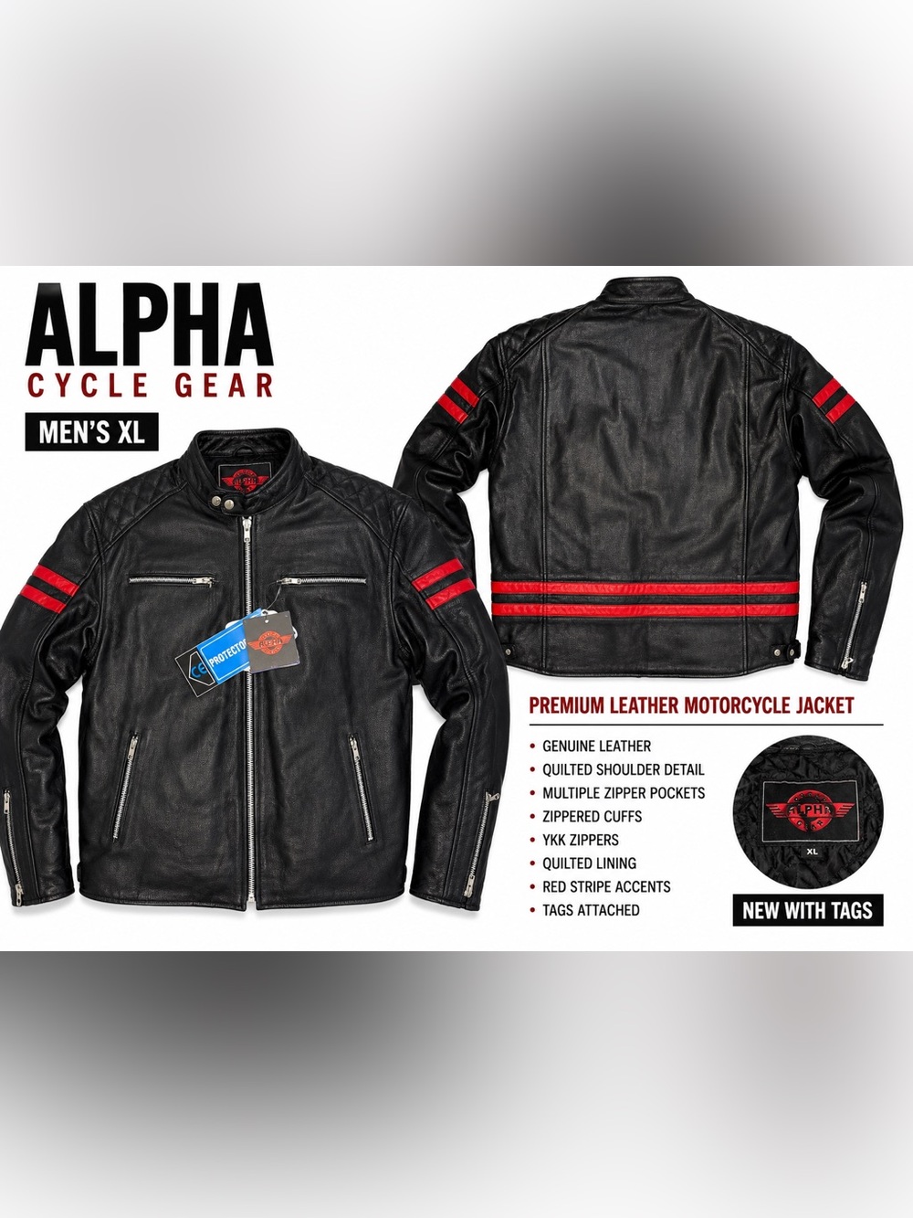 Alpha Cycle Gear Men’s XL Black Leather Motorcycle Jacket Red Stripe Biker NWT